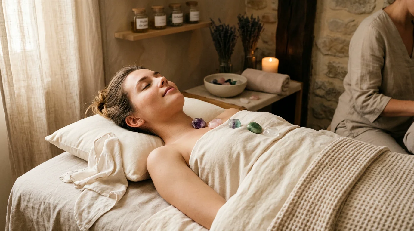 Séance de soin avec pierres posées sur le corps dans une ambiance de spa