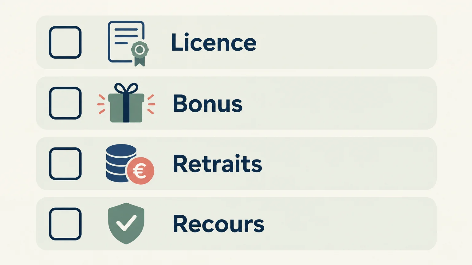 Liste de vérification pour examiner licence, bonus, retraits et recours