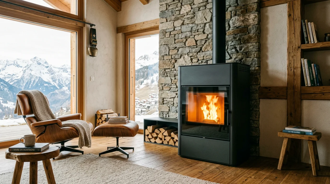 Poêle à pellets hydro moderne installé dans un salon suisse