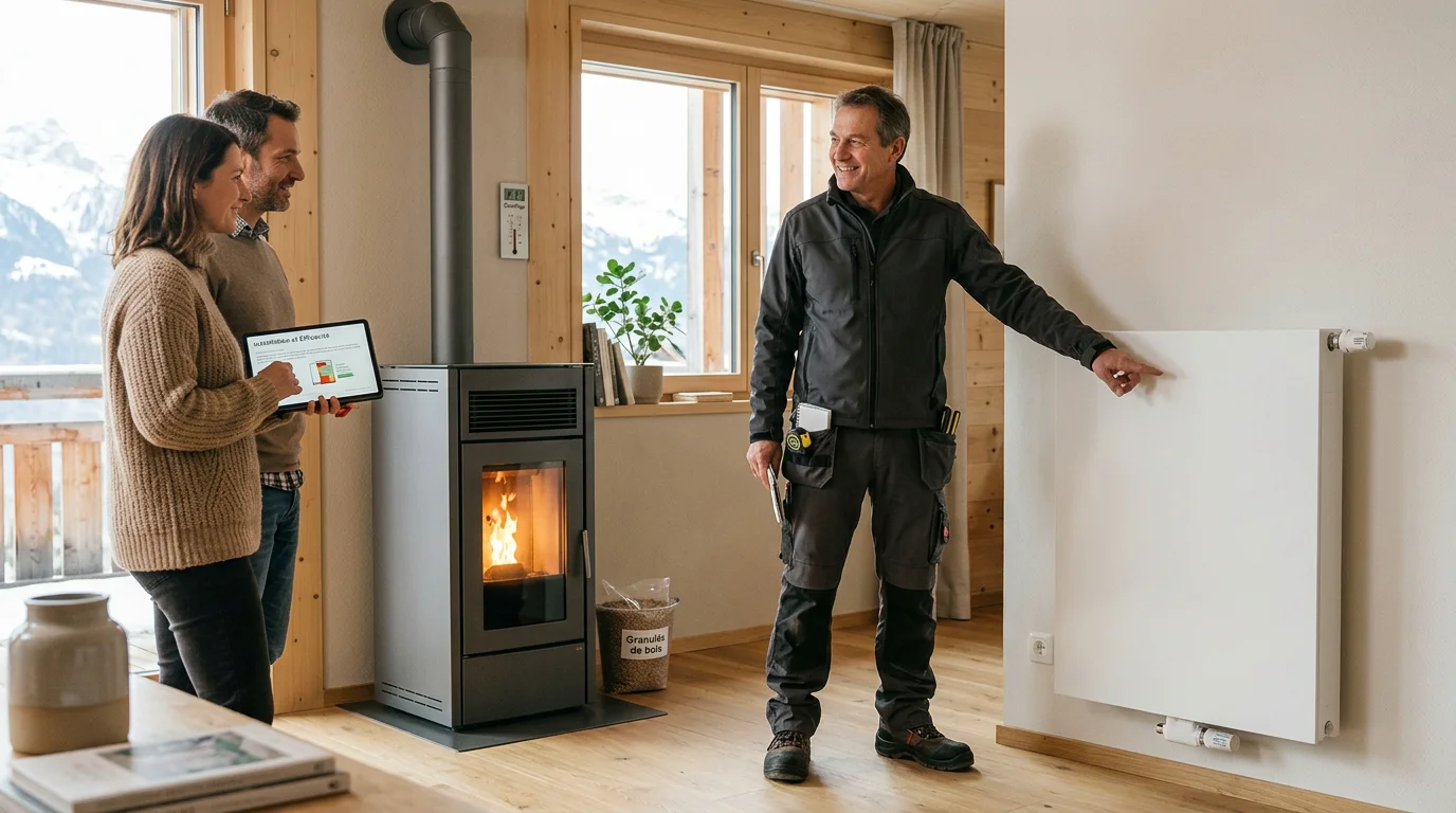 Installateur conseillant un couple pour un poêle à pellets hydro