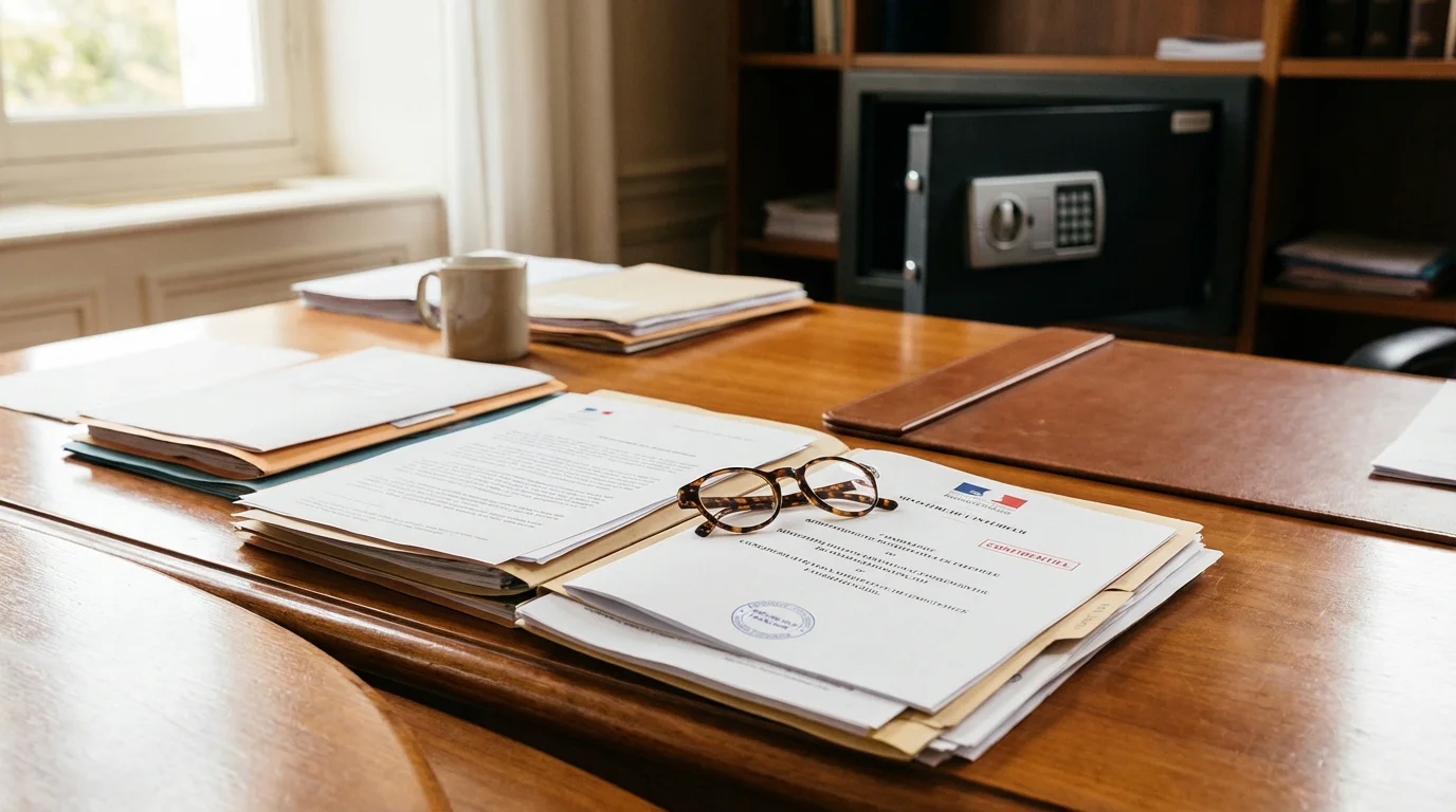 Documents réglementaires français et coffre-fort pour armes sur un bureau