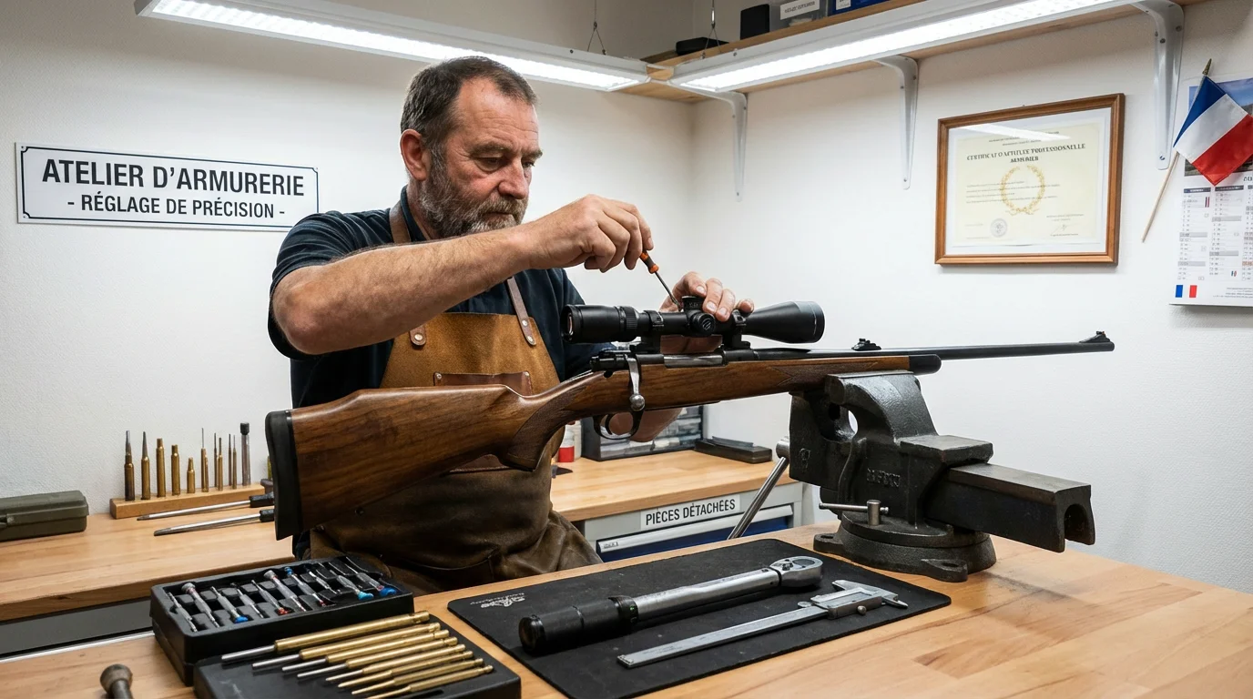 Armurier professionnel réglant une optique sur une carabine dans un atelier
