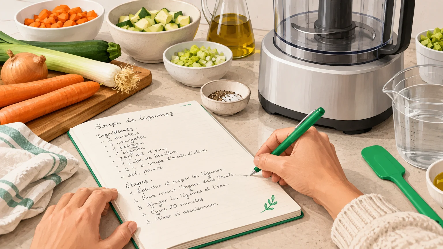 Une recette annotée à côté d’un robot culinaire