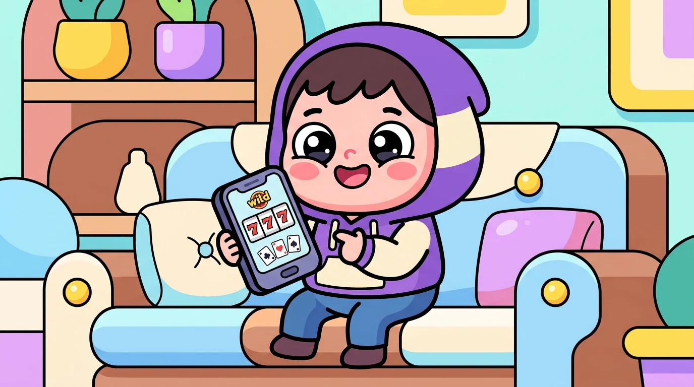 Chibi cartoon player enjoying casino games on a smartphone