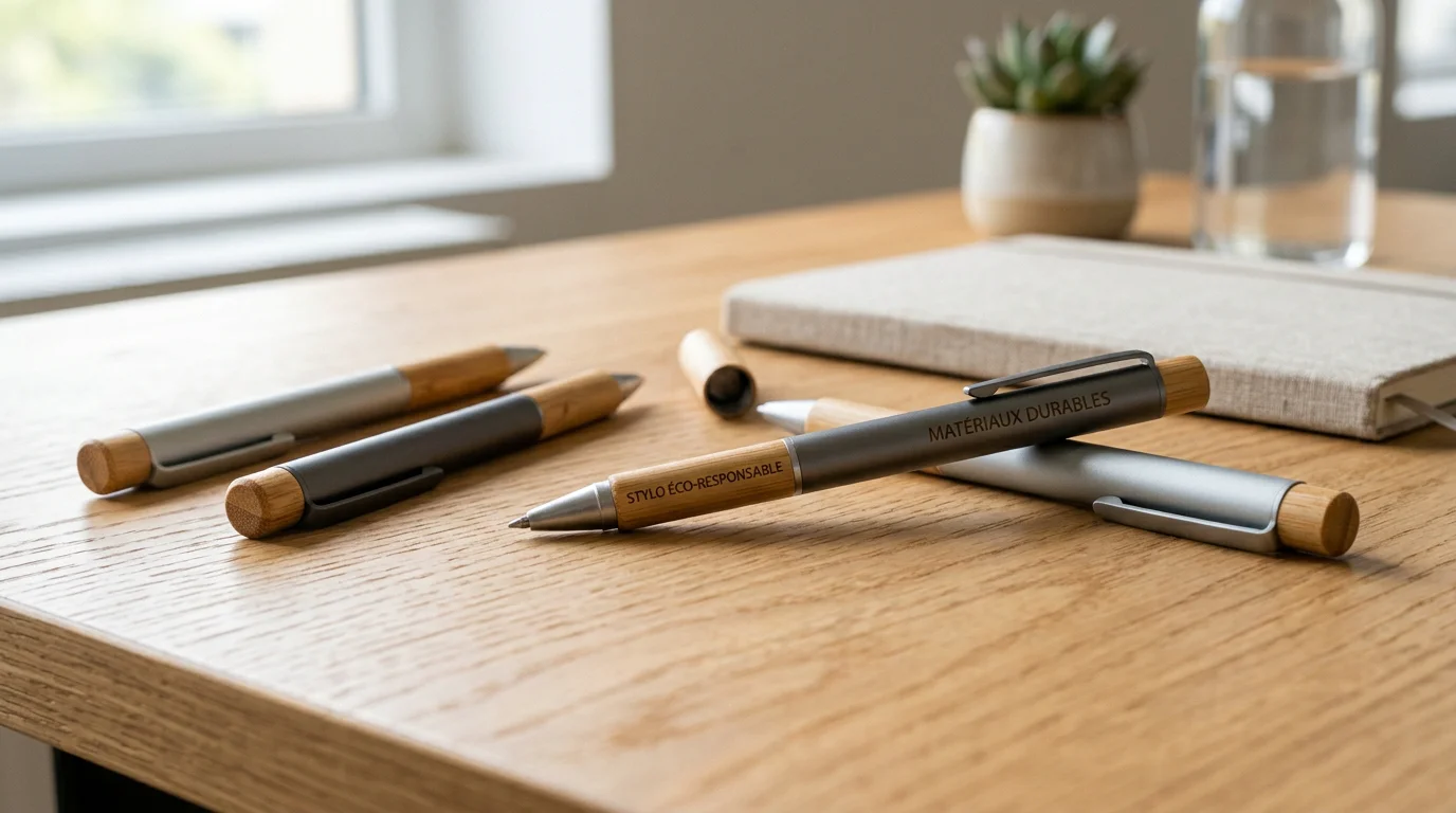 Stylos rollers publicitaires en aluminium recyclé et bambou sur un bureau