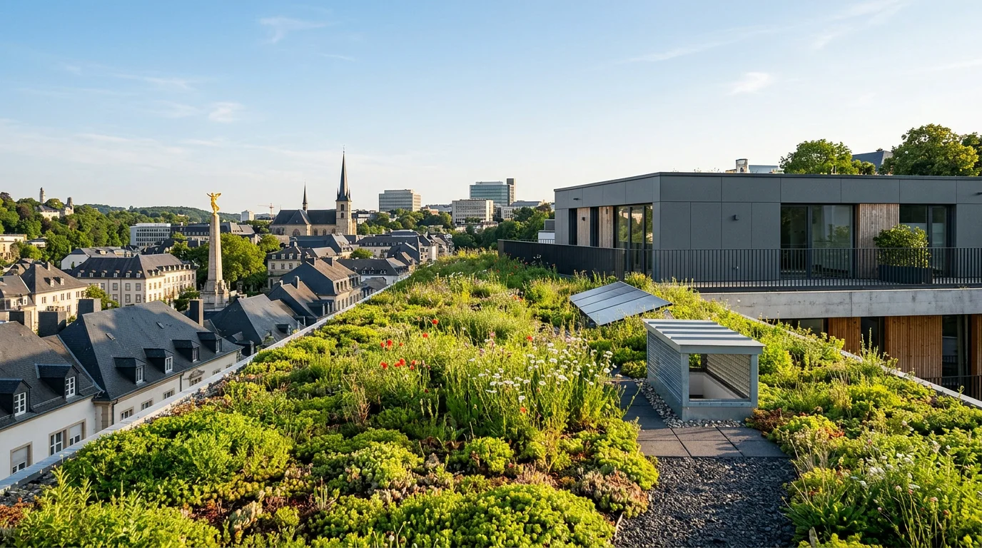 Toit plat v&eacute;g&eacute;talis&eacute; de sedums sur un immeuble r&eacute;sidentiel avec vue sur la ville