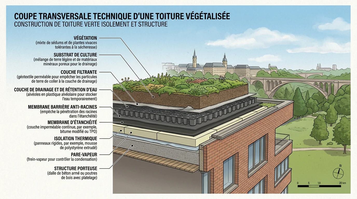 Sch&eacute;ma en coupe des couches d'une toiture v&eacute;g&eacute;talis&eacute;e