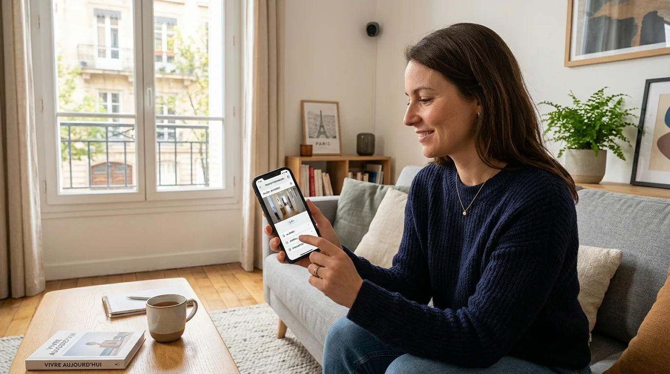 Femme consultant une caméra de sécurité sur son smartphone
