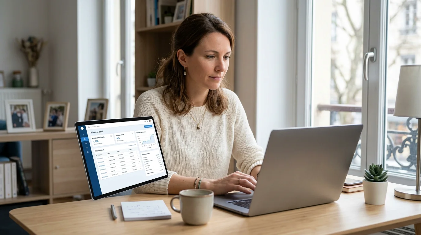 Dirigeante consultant sa facturation en ligne sur un ordinateur portable