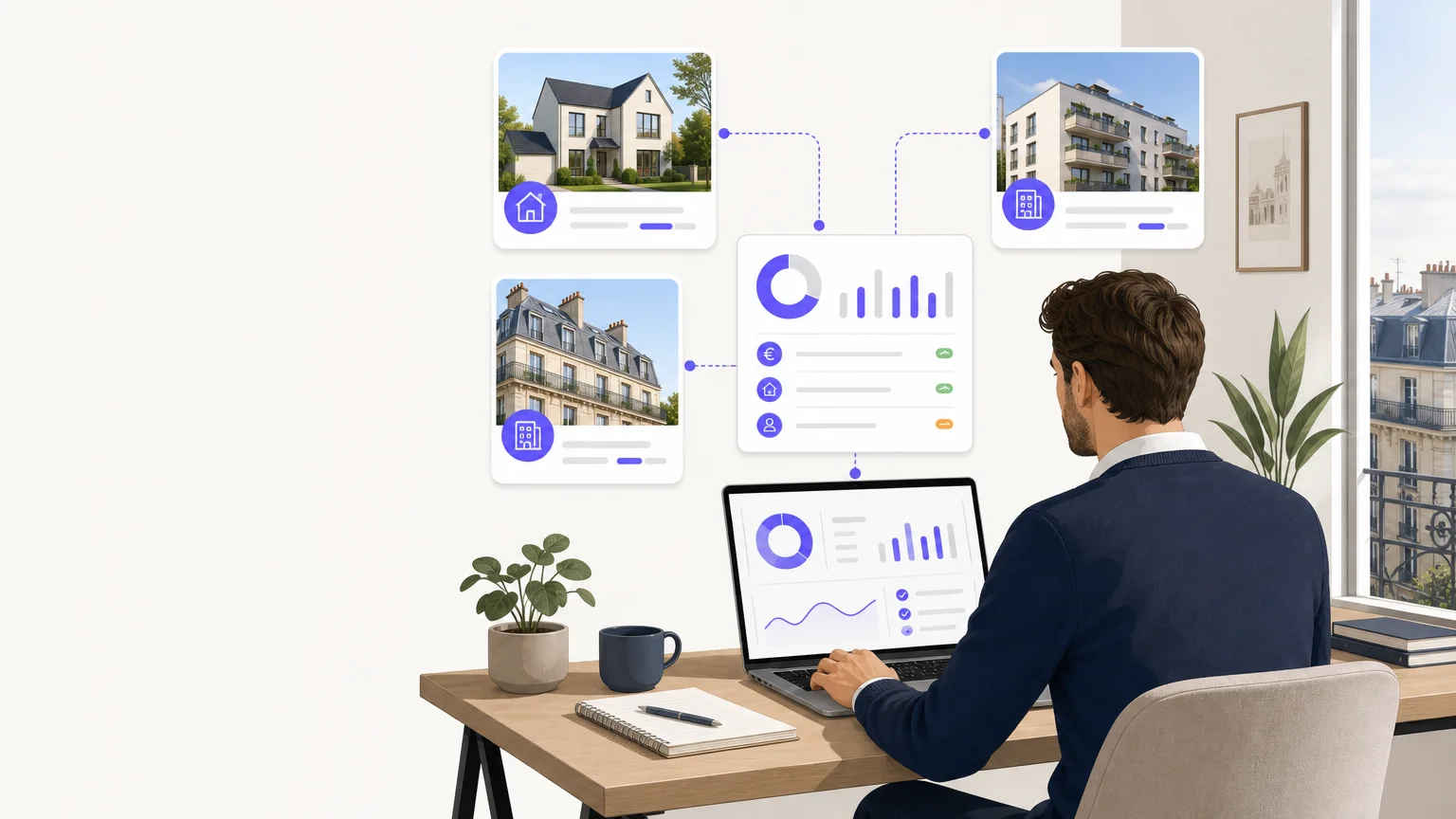 Illustration éditoriale d’un investisseur français pilotant plusieurs logements locatifs depuis une interface centralisée