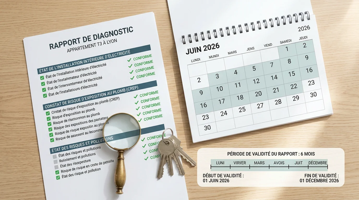 Illustration de la durée de validité de six mois du diagnostic termites avec un calendrier et un rapport