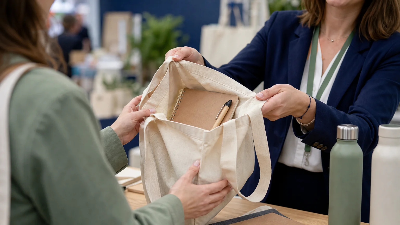 Remise d’un sac réutilisable et d’un carnet à un visiteur de salon
