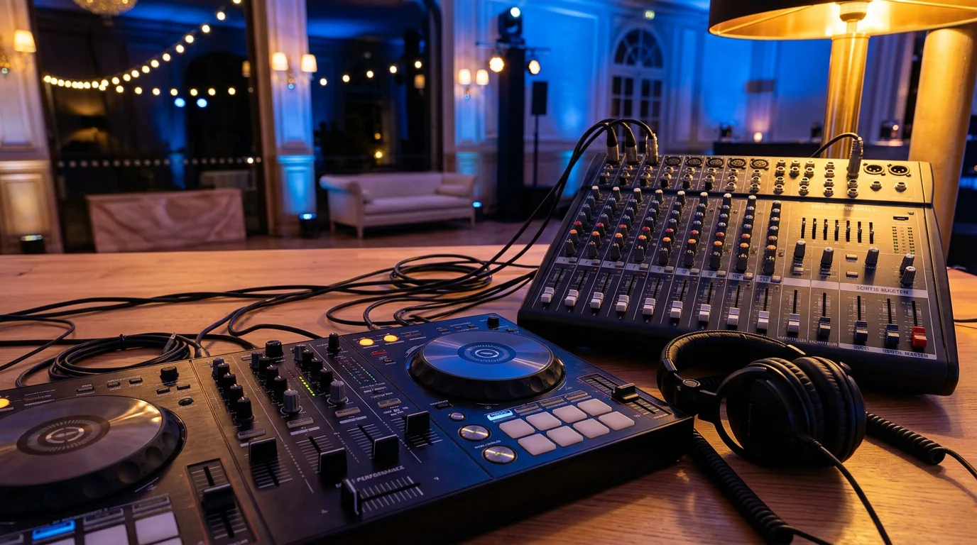 Contrôleur DJ, table de mixage et casque posés sur une table lors d'une soirée