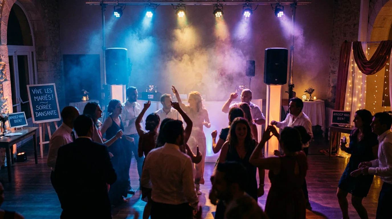 Piste de danse illuminée par des jeux de lumière LED et de la fumée lors d'une soirée