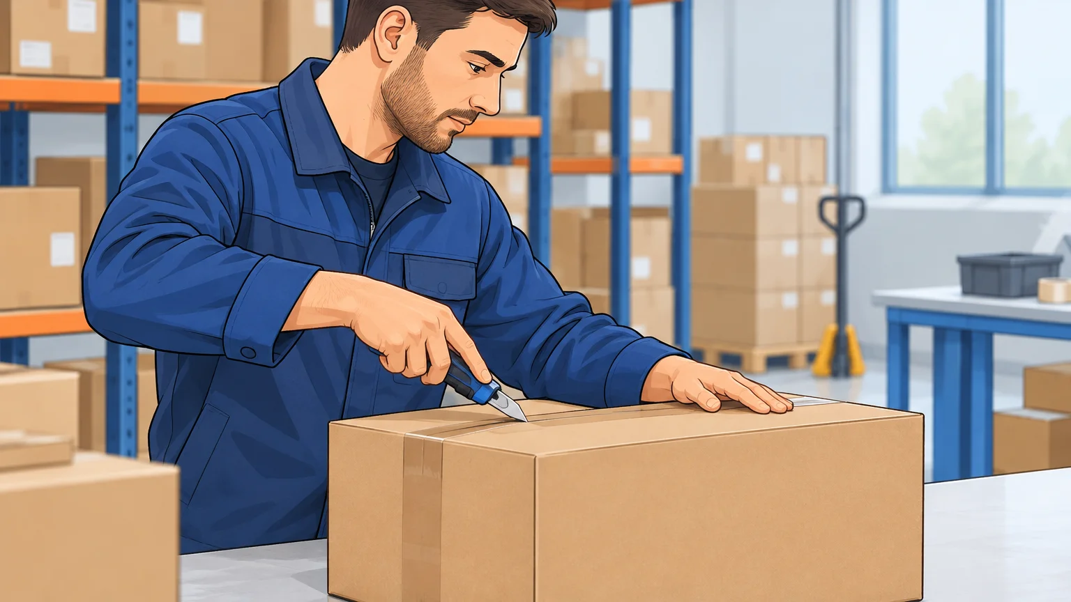 Employé utilisant avec précaution un cutter rétractable pour ouvrir un carton en entrepôt