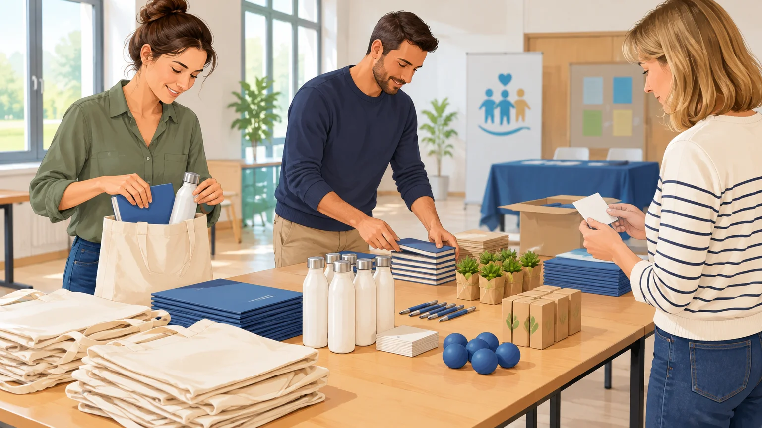 Équipe préparant des objets promotionnels pour un événement professionnel