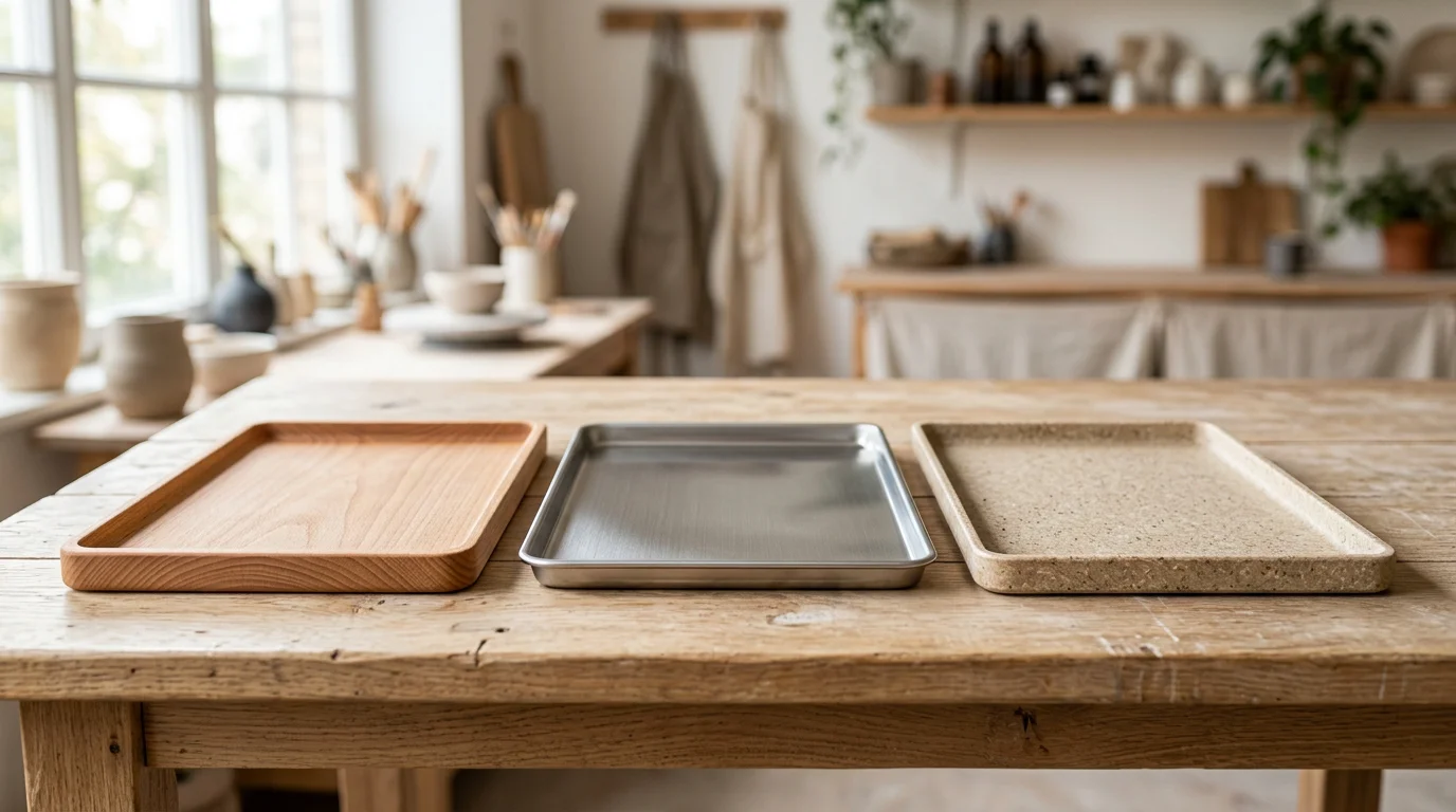 Trois plateaux de service en bois, inox et matériau recyclé posés sur une table