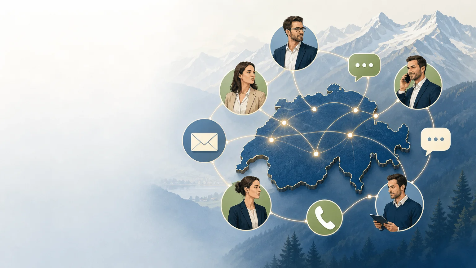 Illustration éditoriale d’une prospection commerciale multicanale en Suisse en 2026