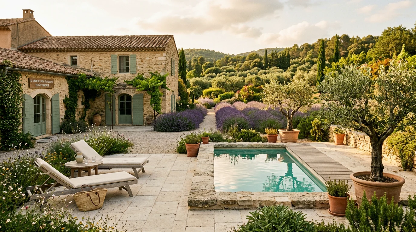 Terrasse en pierre d'un hôtel spa en Provence entourée d'oliviers et de lavande