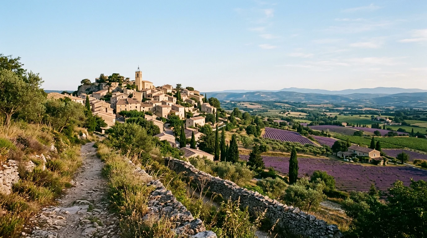 Village perché du Luberon au lever du soleil avec champs de lavande