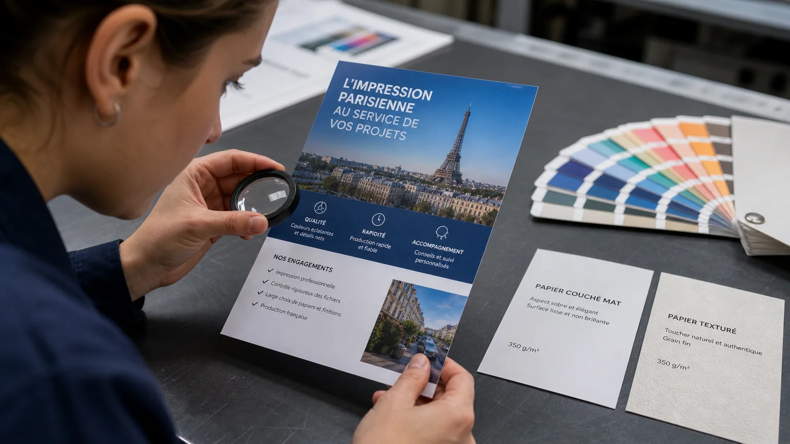 Contrôle professionnel de la qualité et du papier d’un flyer imprimé