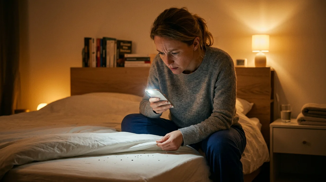 Personne inspectant son lit la nuit à la recherche de signes de punaises de lit