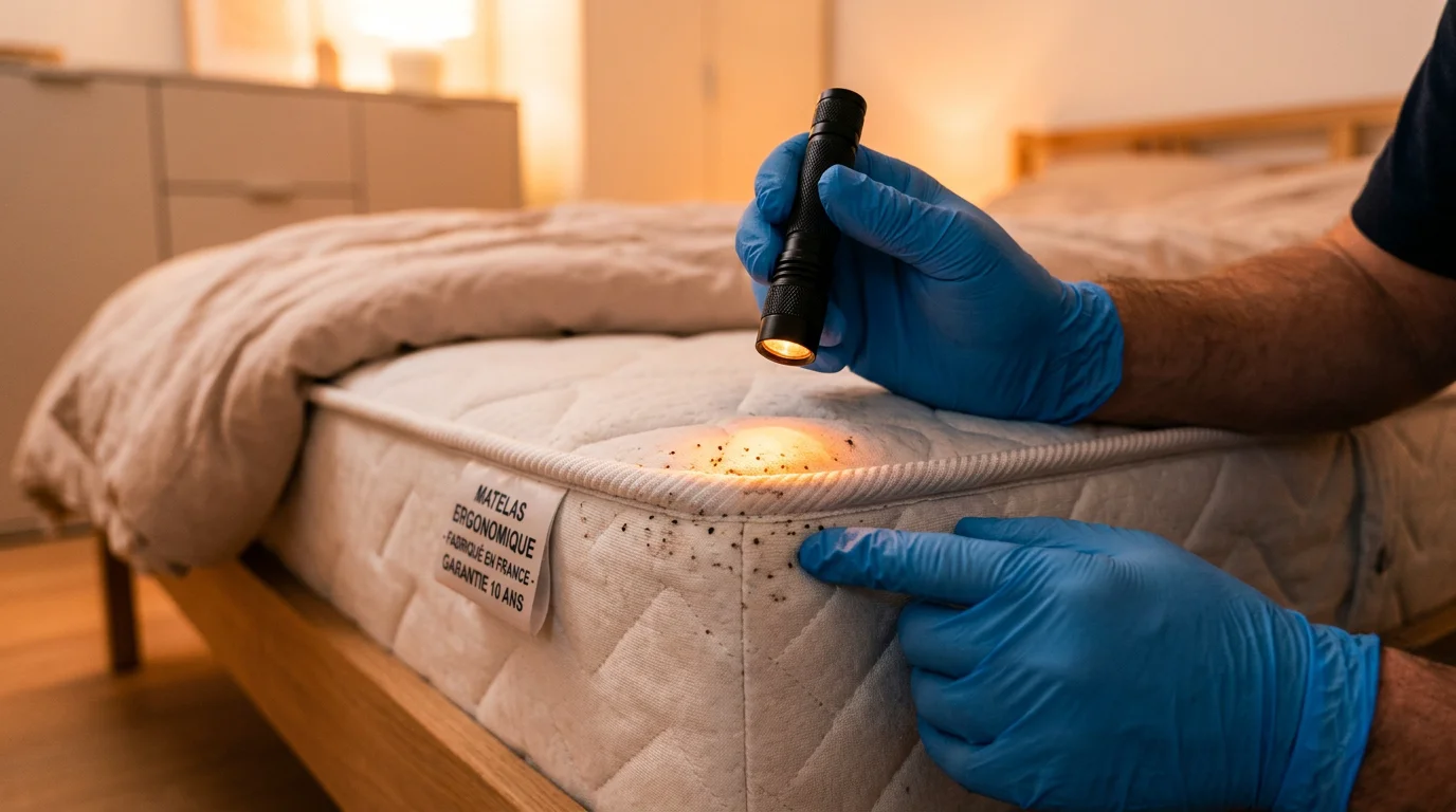 Inspection des coutures d'un matelas à la lampe torche pour repérer les traces de punaises de lit