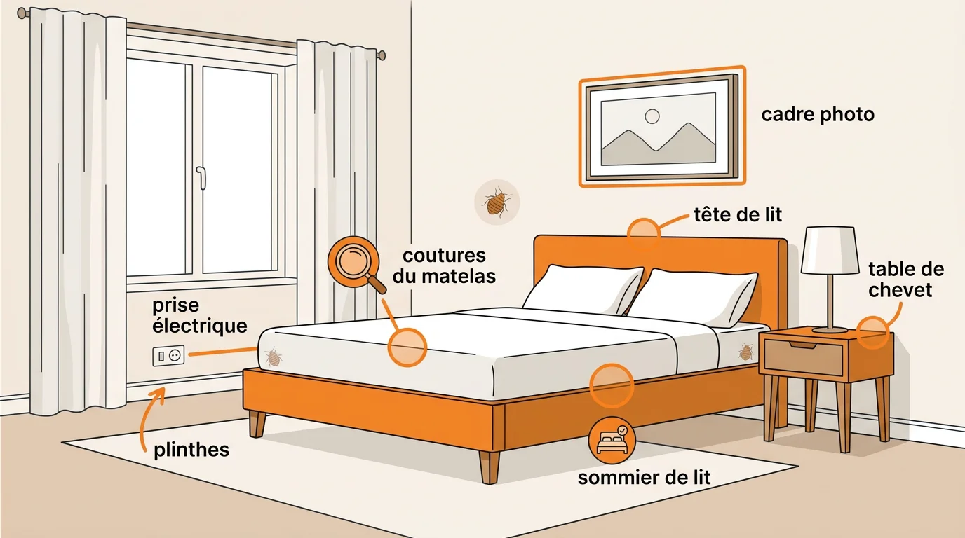 Schéma des cachettes courantes des punaises de lit dans une chambre