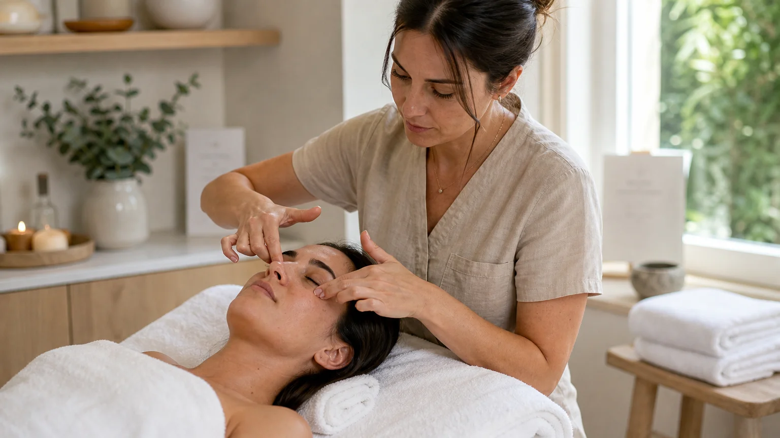 Massage facial doux du contour des yeux en cabine