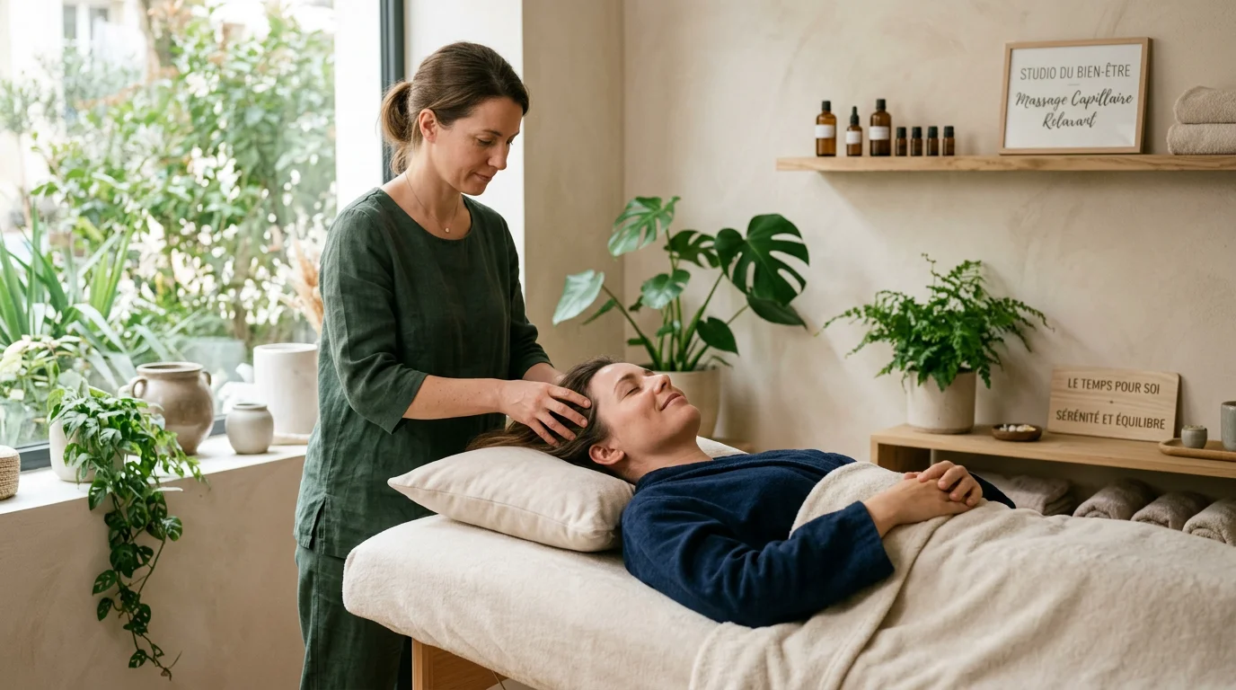 Praticienne réalisant un soin Head Spa dans un institut lumineux