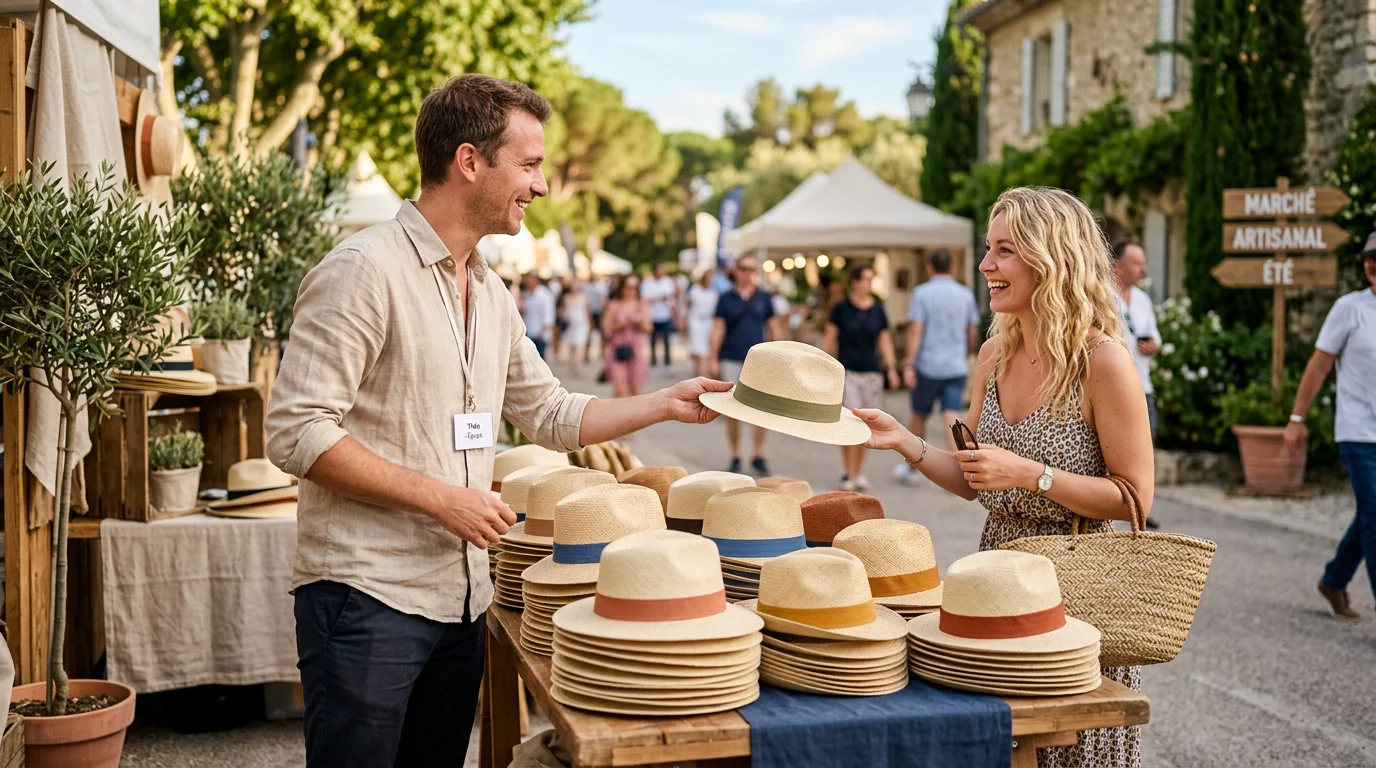 Distribution de chapeaux de paille personnalisés sur un stand d'entreprise en été