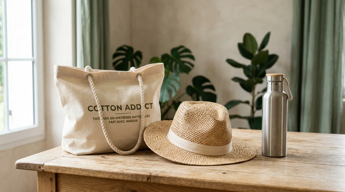 Chapeau de paille éco-responsable présenté avec d'autres goodies durables