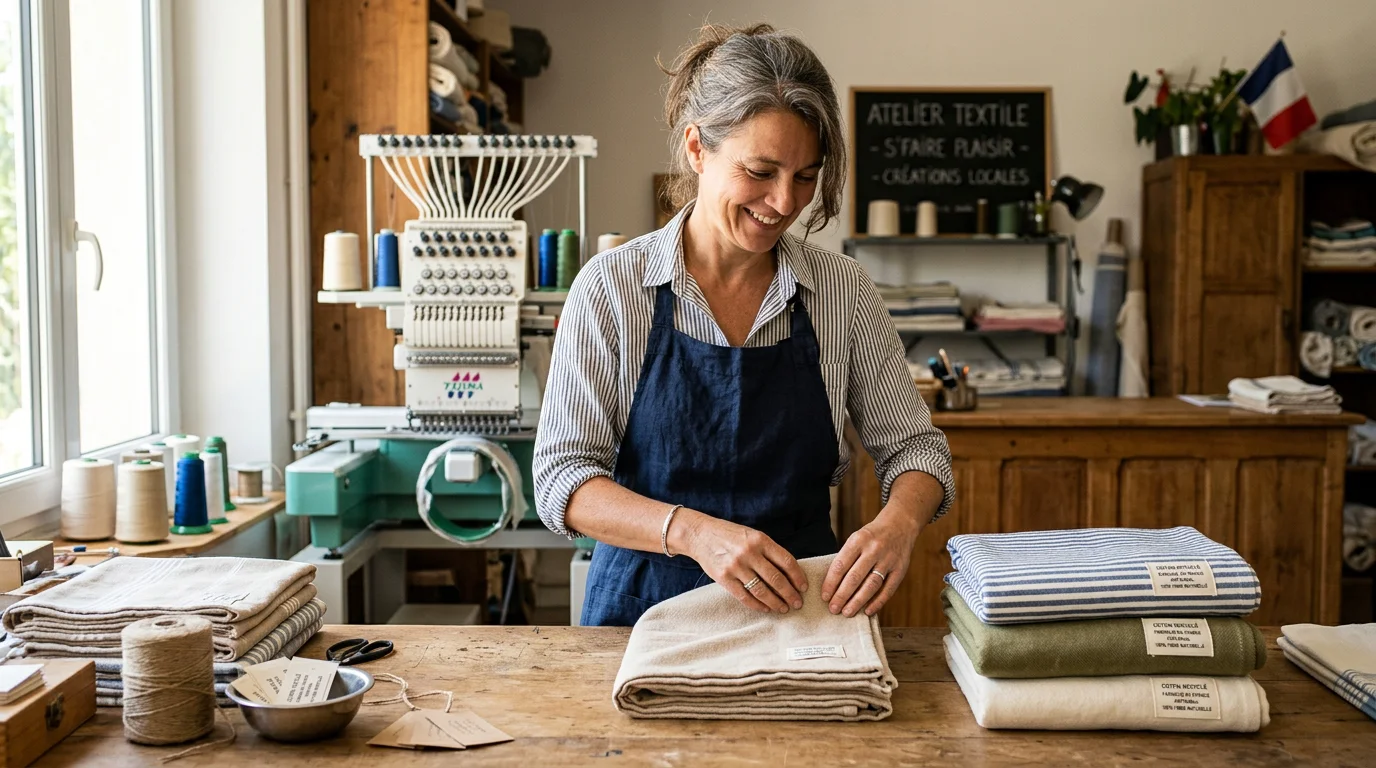 Artisane pliant des foutas en coton recyclé dans un atelier textile en France