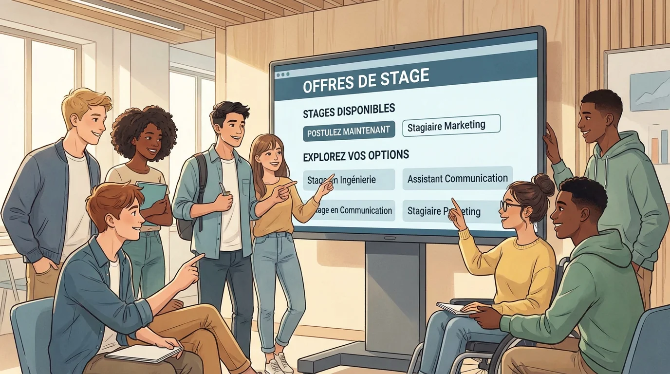 Jeunes étudiants consultant des offres de stage sur un écran numérique