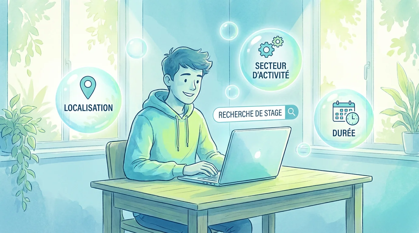 Étudiant utilisant des filtres de recherche pour trouver un stage en ligne
