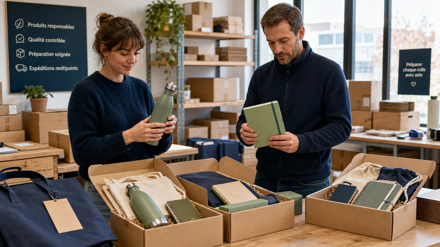 Professionnels préparant des cadeaux personnalisables pour une distribution aux salariés