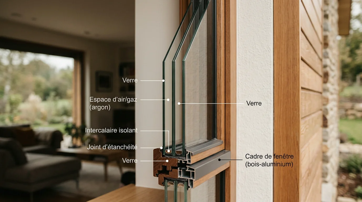 Coupe d'une fenêtre en triple vitrage montrant les couches de verre isolantes