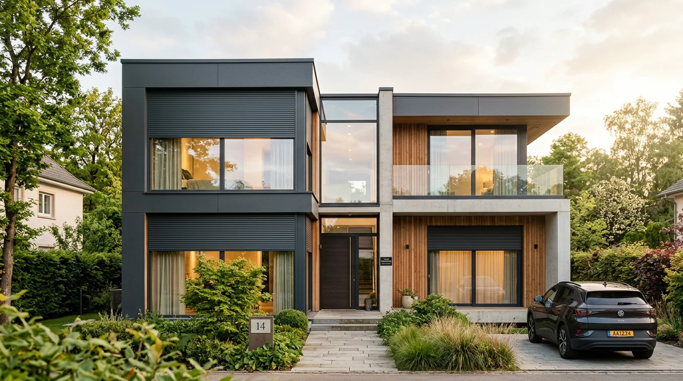 Façade d'une maison avec volets roulants motorisés au-dessus de grandes fenêtres