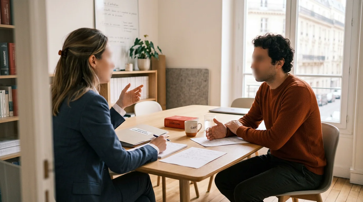 Échange entre un avocat et un client dans un bureau lumineux