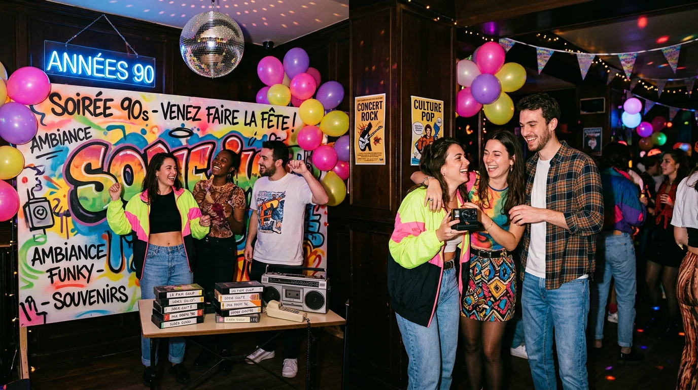 Salle décorée aux couleurs flashy pour une soirée années 90