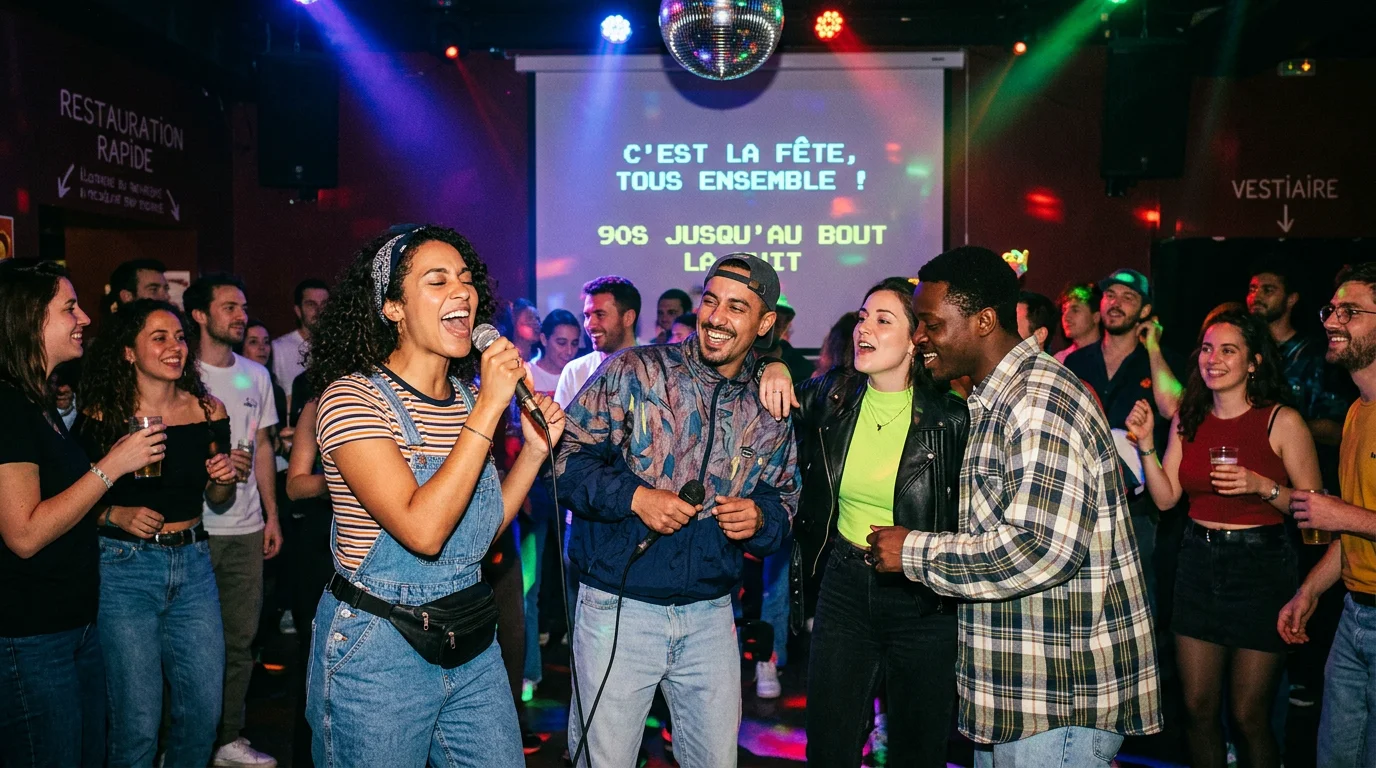 Invités dansant et chantant lors d'une soirée années 90