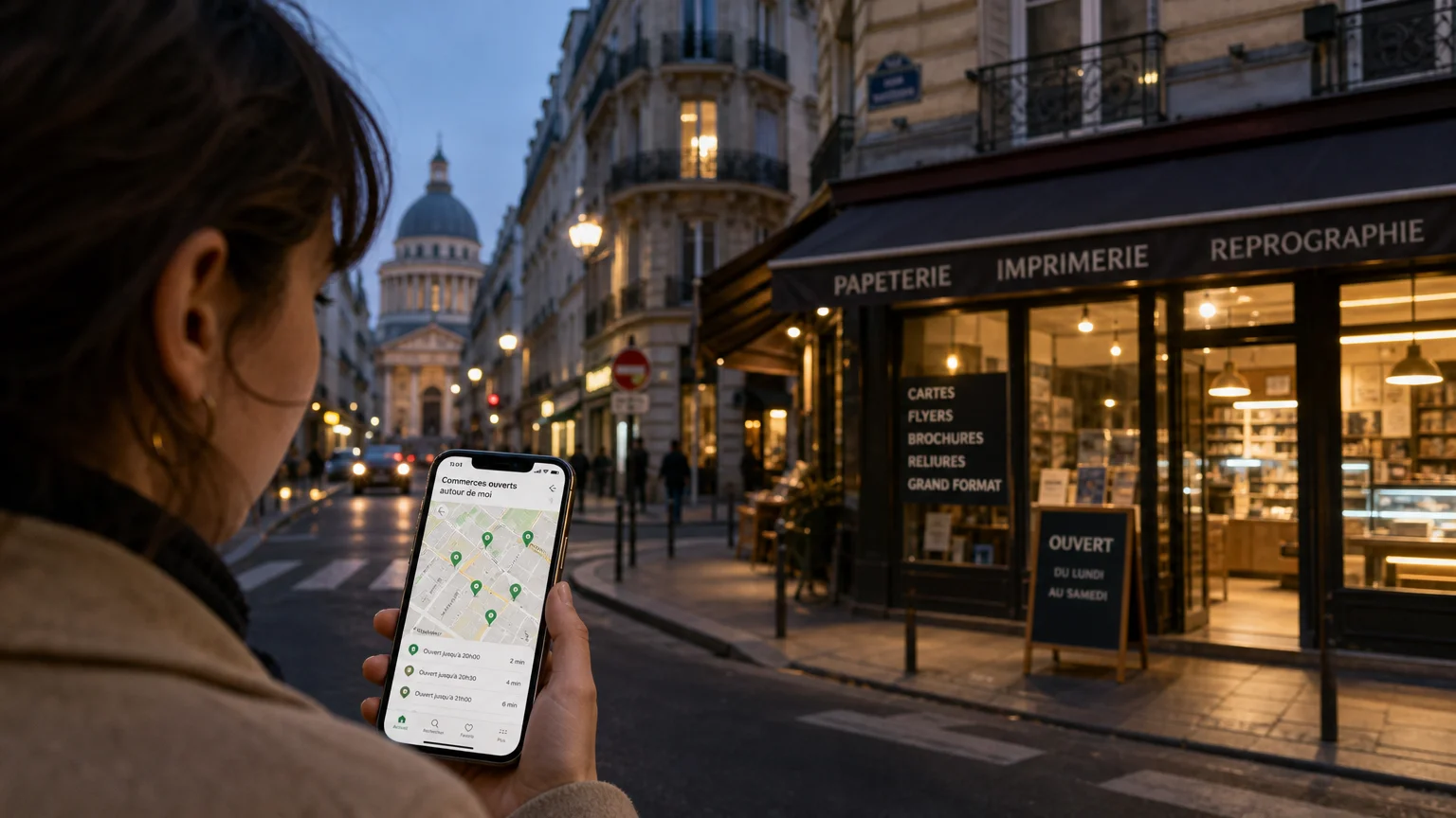 Personne vérifiant les horaires d'une imprimerie ouverte à Paris sur son smartphone