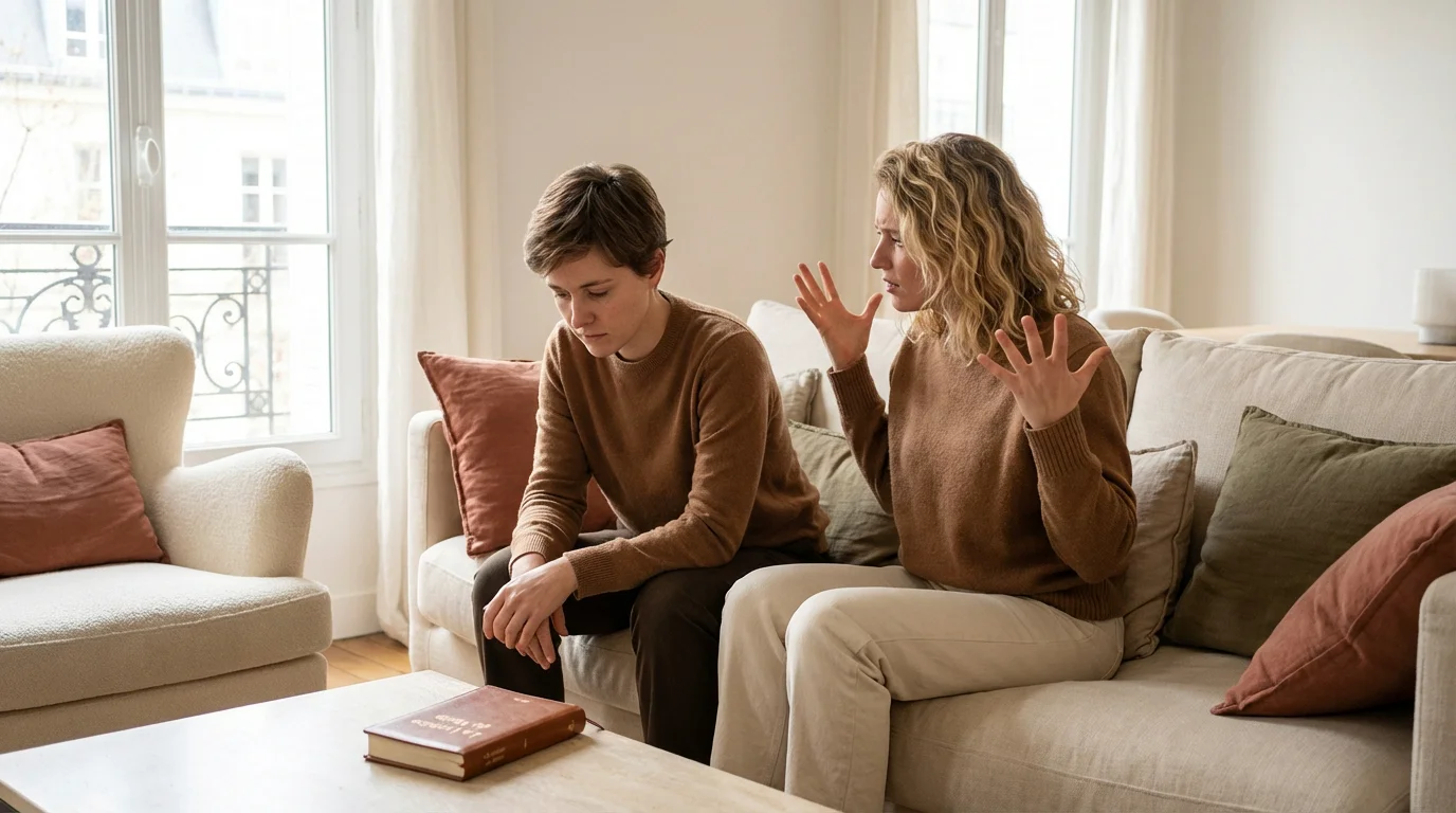 Couple européen dans un salon, illustrant la tension liée à la violence verbale dans le couple