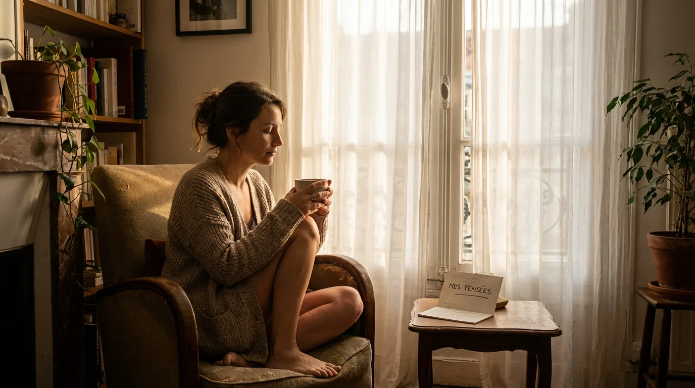 Femme pensive assise près d'une fenêtre, illustrant les conséquences psychologiques de la violence verbale