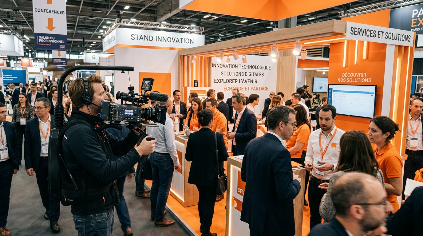 Cadreur filmant un stand animé lors d'un salon professionnel