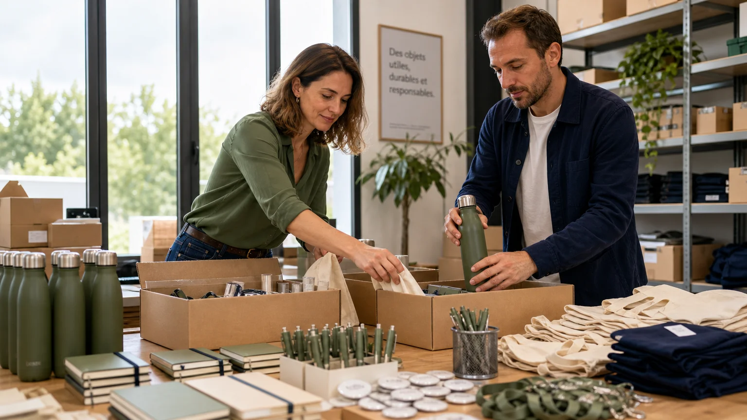 Deux professionnels préparent des objets publicitaires pour un salon