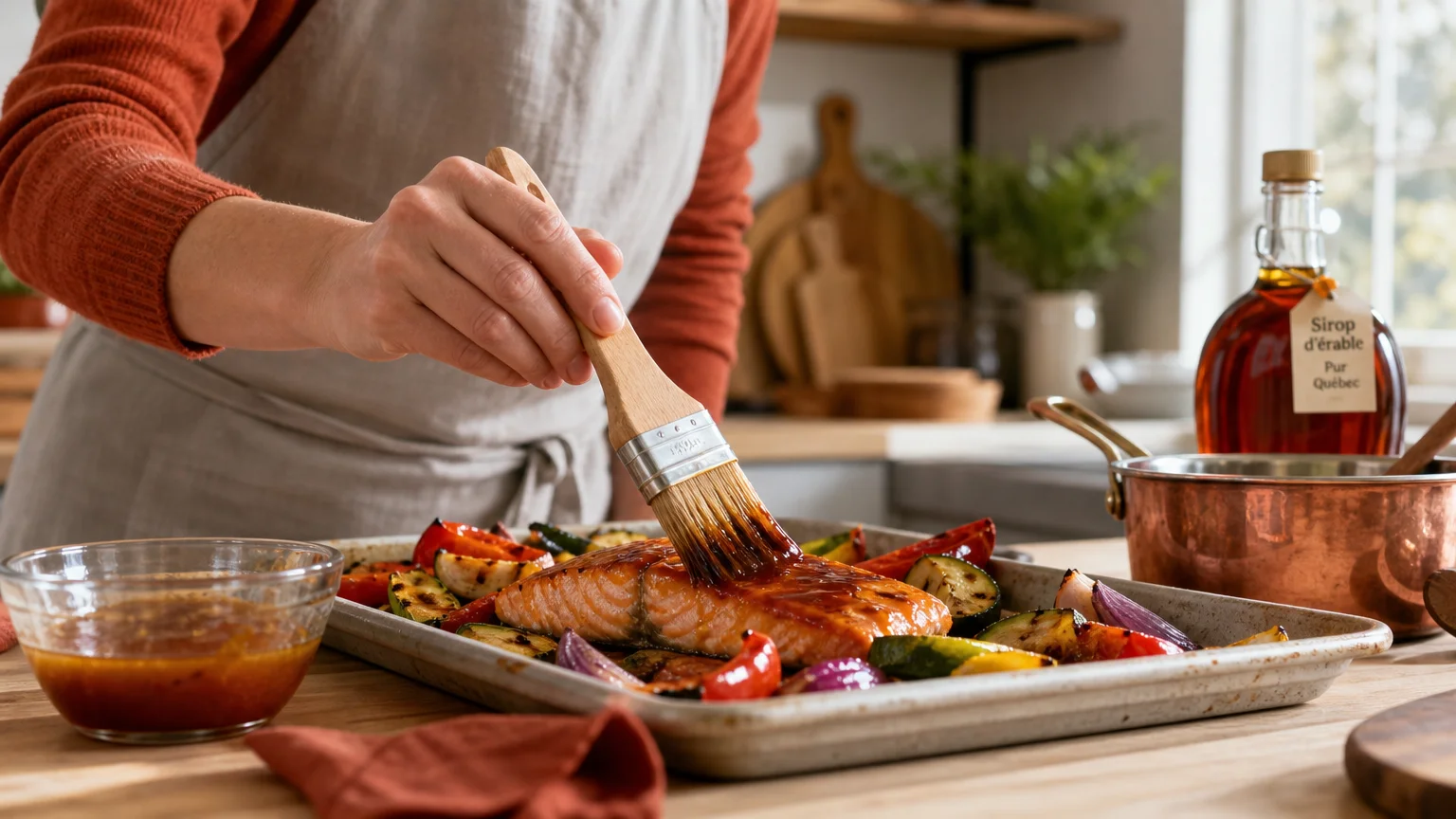 Personne badigeonnant une sauce barbecue à l’érable sur du saumon et des légumes grillés