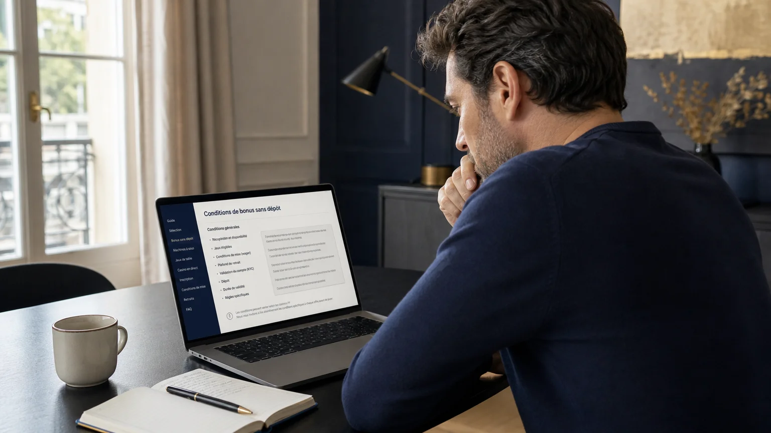 Joueur consultant les conditions d’un bonus de casino en ligne