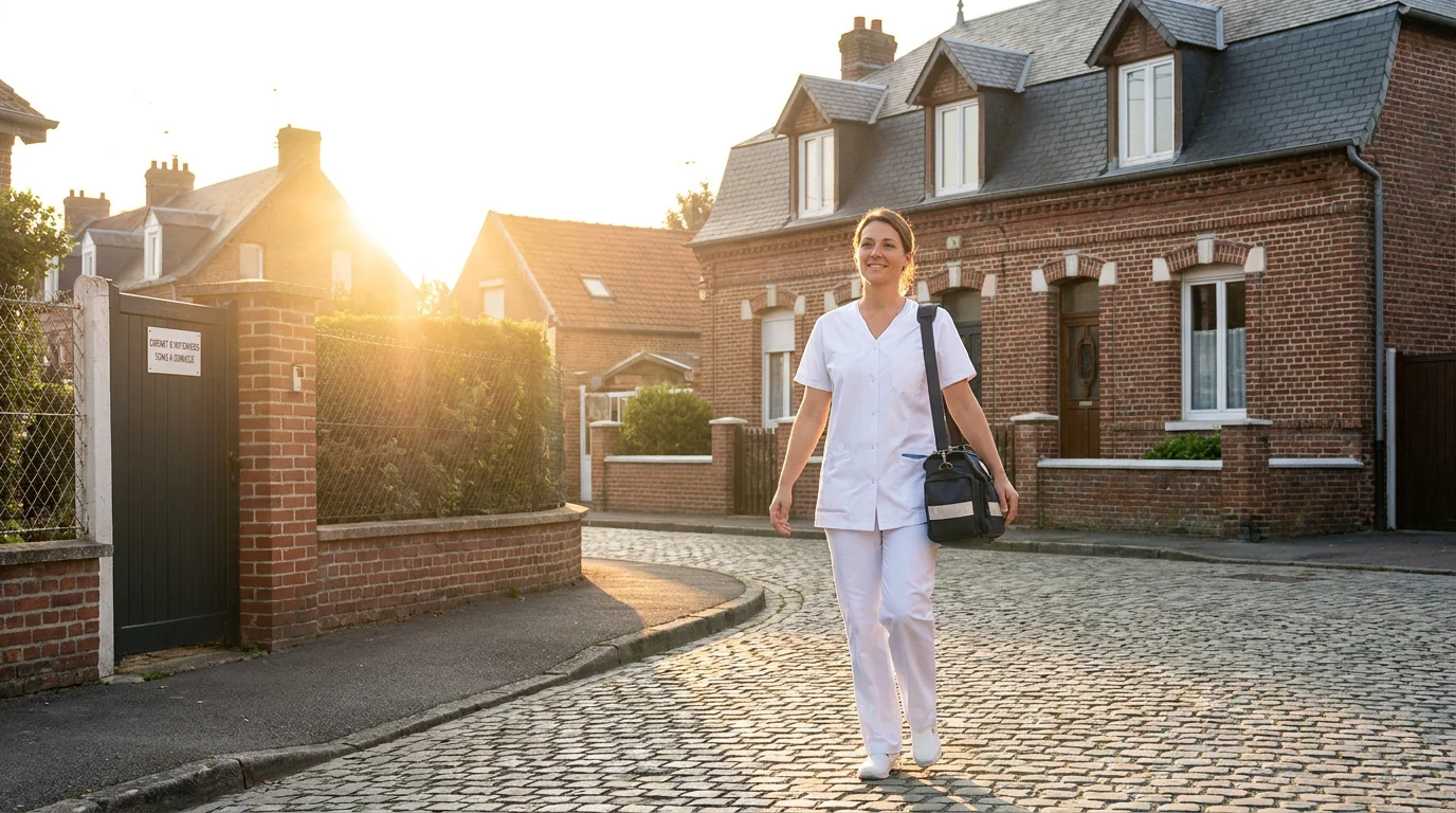 Infirmière libérale en tournée de soins à domicile tôt le matin dans une rue française