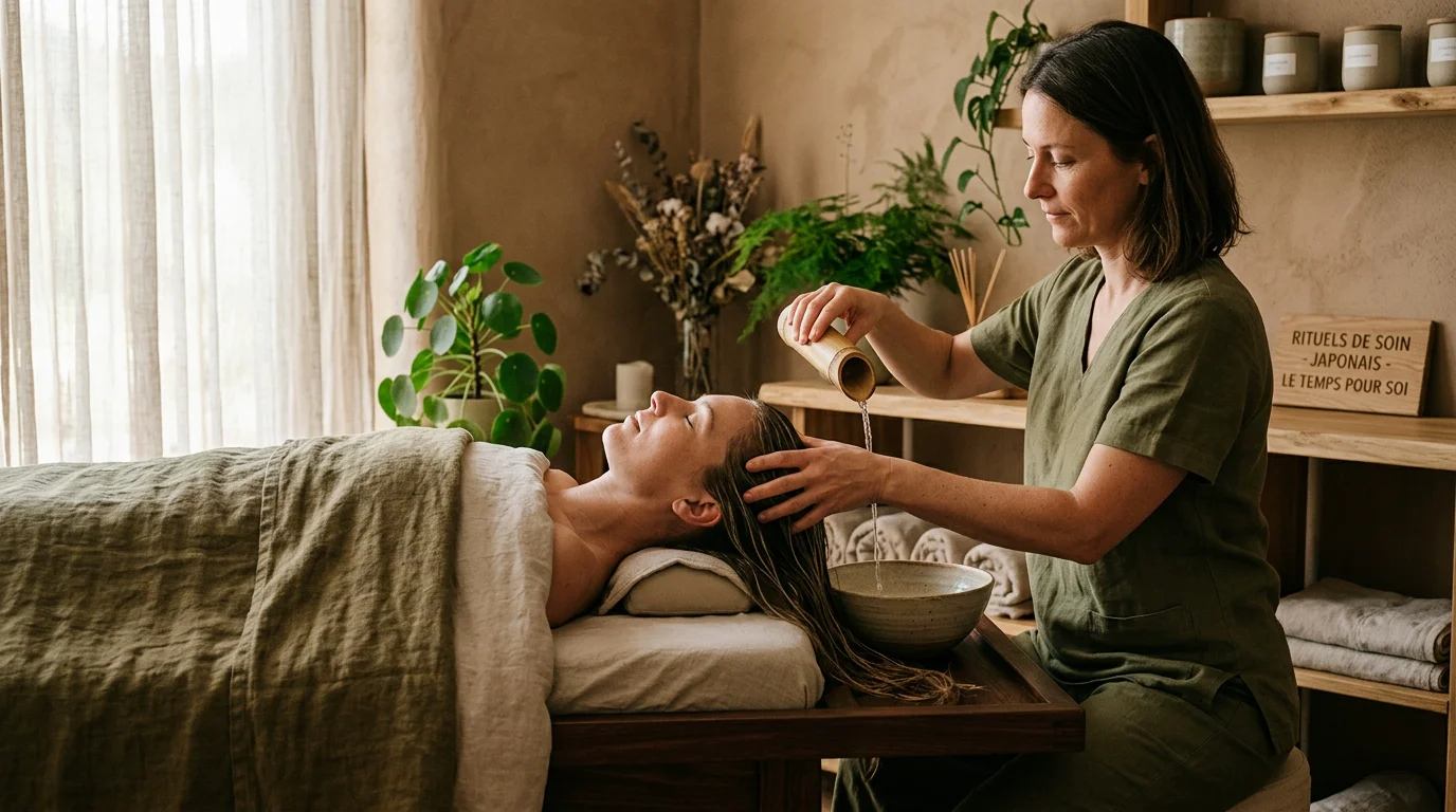 Praticienne réalisant un soin Head Spa japonais sur une cliente détendue